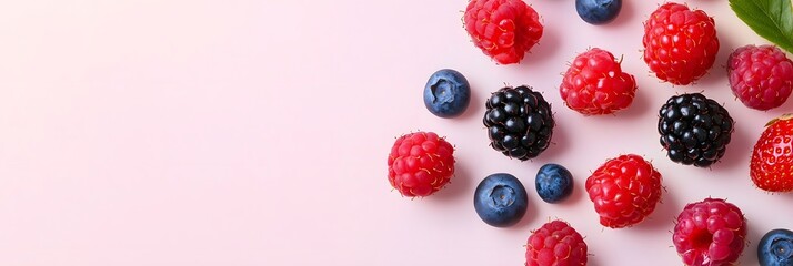 Poster - Vibrant display of ripe raspberries blueberries and blackberries neatly arranged in a minimalist pastel hued flat lay composition