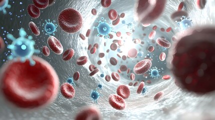 Aufkleber - Vibrant glowing cells and particles flowing through the human bloodstream as seen under a microscope in a medical or scientific context