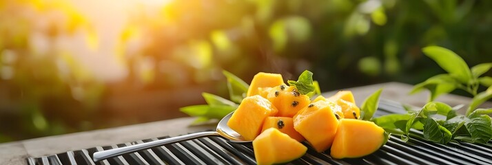 Poster - Vibrant slices of ripe sweet papaya laid out on a surface with lush green leaves in the background and warm natural sunlight illuminating the scene