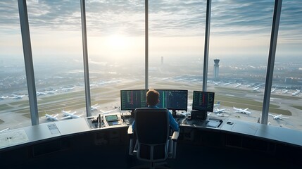 Fototapete - View from the control tower of an airport with operators monitoring air traffic and using a high tech radar interface to guide flights and ensure safe aviation