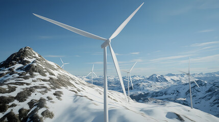 Poster - Wind turbine farm situated on rugged snow covered mountain peaks monitored by advanced lidar and radar technology to optimize energy production and efficiency