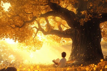  A young child sitting under a massive oak tree. World Book and Copyright Day.