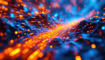 Fototapete - Futuristic digital landscape with glowing orange and blue lights