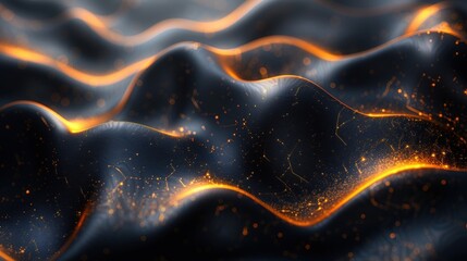 Poster - Abstract undulating dark surface with glowing orange highlights and particles