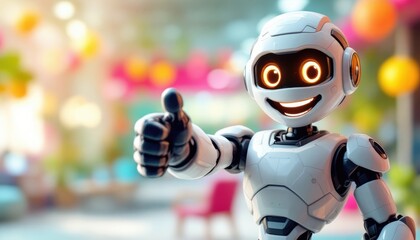 Poster - Smiling robot giving thumbs up in colorful background