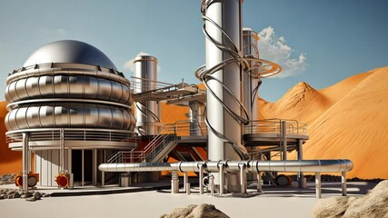 Poster - Retro futuristic architecture in sci-fi scene on the desert planet. Alien landscape with nostalgic retro future constructions