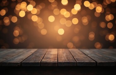 Poster - Dark wooden table against bokeh background with golden lights. Empty rustic wood surface for product display, advertising. Festive holiday, celebration backdrop with warm atmosphere, bokeh effect.