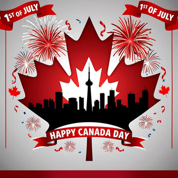 Happy Canada Day Skyline with Waving Canadian Flag