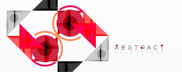 Wall Mural - Geometric abstract design with layered triangles, circles, and gradients, forming a structured pattern with sharp contrasts and depth