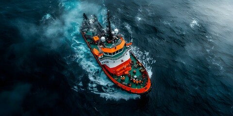 Poster - Aerial view of a large specialized offshore research vessel equipped with state of the art sonar and monitoring technology to explore and map the seafloor