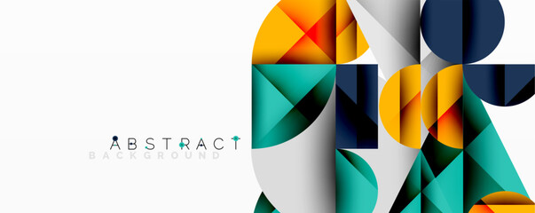Wall Mural - Abstract geometric design with intersecting circles, triangles, squares and sharp angles creating a layered composition with gradients, depth, and contrast