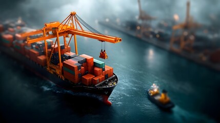 Poster - Cargo ship unloading shipping containers at a bustling offshore port facility towering cranes lifting cargo rows of stacked containers dockworkers scurrying across the pier