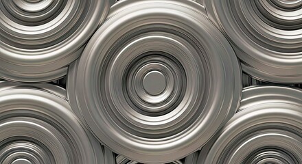 Poster - Abstract Silver Circular Pattern: A close-up of a repeating pattern of concentric circular shapes, rendered in a cool metallic silver. The design creates a sense of depth, geometry and visual texture.