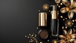 © Light of Art - Elegant black and gold cosmetic products are arranged artfully on a dark background with decorative gold flowers and beads for a luxurious beauty product advertisement.