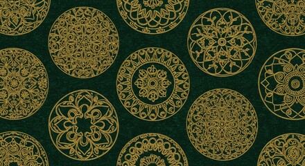 Poster - Golden Mandala Pattern: A repeating pattern of intricate golden mandalas against a dark green backdrop, creating a sense of luxury, spirituality, and intricate design.