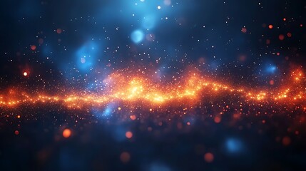 Abstract cosmic scene with bright fiery nebula and sparkling stars against a deep blue space background