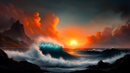 Poster - Majestic ocean panorama featuring towering cliffs churning surf and a sun dappled sea under an atmospheric dramatic sky at golden hour