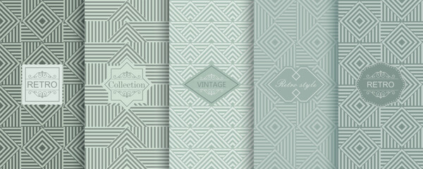 Fototapete - Set of Cute geometric seamless patterns on modern background with minimal labels, frames. Abstract vector textures. Design for print, vaucher, decor, package, banner, card