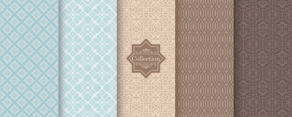 Aufkleber - Set of Cute geometric seamless patterns on modern background with minimal labels, frames. Abstract vector textures. Design for print, vaucher, decor, package, banner, card
