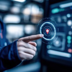Fototapete - Navigating the Digital Realm: A hand interacts with an illuminated futuristic interface, pinpointing a location with precision. The scene is a blend of technology and the digital world.