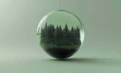 Poster - 3D glass globe floating in the air with a forest inside, green background, high-resolution photography, stock photo style