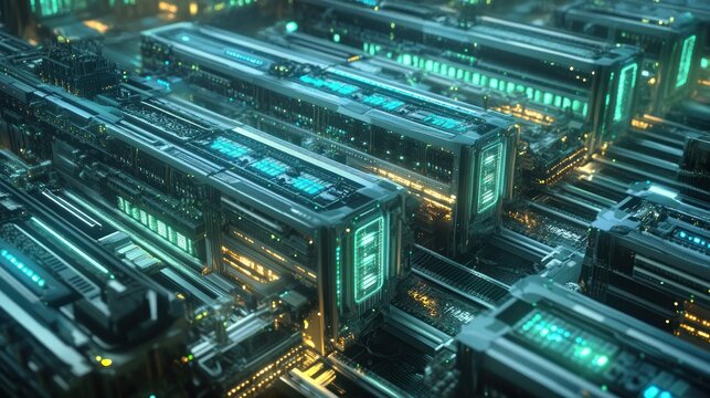 Futuristic Server Farm: Teal and Chrome Digital Landscape