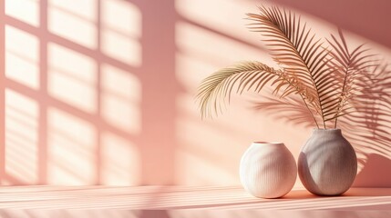Poster - Soft, blurred palm leaf shadows cast against a pastel pink wall, creating a minimalistic and calming background for product displays