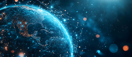 Wall Mural - A digital globe with a global network and security icon on a black background.