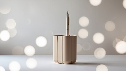 Poster - Elegant pen in minimalist holder on light background with soft bokeh highlights creating a serene workspace atmosphere