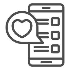 Poster - Smartphone with romantic message line icon, mother day concept. Vector graphics. Phone with heart bubble sign on white background, outline style icon for mobile or web design.
