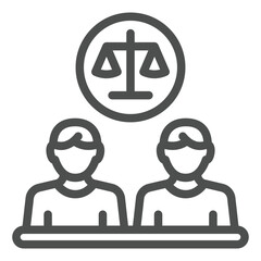 Poster - Opponents men at dialog table with scales line icon, justice concept. Vector graphics. Two human, man and weight scales sign on white background, outline style icon for mobile or web design.