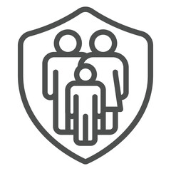 Poster - Family on safety emblem line icon, family lawyer concept. Vector graphics. Human group with protection shield sign on white background, outline style icon for mobile or web design.