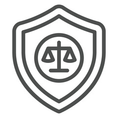 Fototapete - Libra scales on safety emblem line icon, jurisprudence concept. Vector graphics. Weight scales with protection shield sign on white background, outline style icon for mobile or web design.