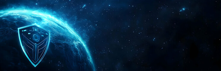 Wall Mural - A digital globe with a global network and security icon on a black background.