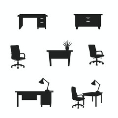 Poster - Office Furniture Silhouettes: Vector set of workspace essentials including desks, chairs, and lighting for professional design projects. Modern and minimalist.