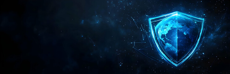 Wall Mural - Cybersecurity and data protection concept with a digital shield symbol on a blue technology background.