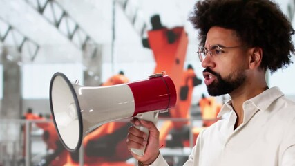 Poster - African Man Speaks Into A Megaphone At The Factory