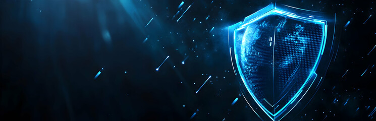 Wall Mural - Cybersecurity and data protection concept with a digital shield symbol on a blue technology background.