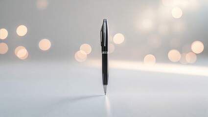 Poster - Black pen stands upright on a smooth surface against a blurred background of soft glowing lights
