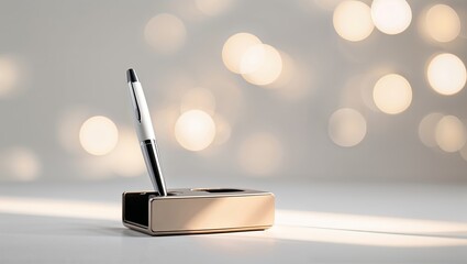 Poster - Elegant pen holder with a classic pen showcasing a bokeh background in soft, warm lighting during a calm afternoon