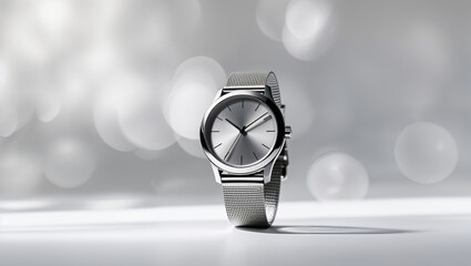 Poster - elegant stainless steel watch displayed with a soft, blurred background featuring sparkling bokeh ef
