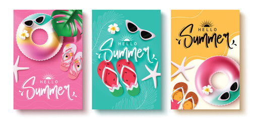 Wall Mural - hello summer clipart poster set. summer greeting text clipart collection in colorful background with