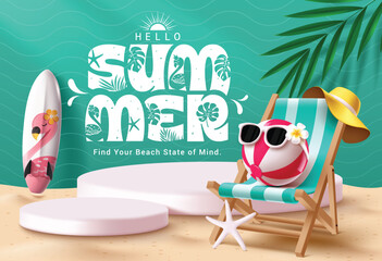 Fototapete - Hello summer podium clipart background design. Summer greeting text in green pattern clip art for holiday vacation with beach chair.