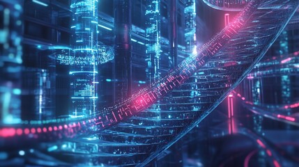 Aufkleber - Futuristic Cyberpunk Cityscape with Glowing Structures and Technological Elements