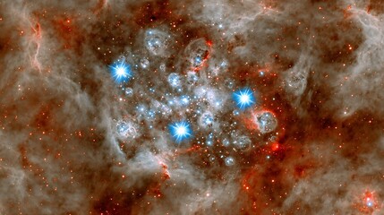 Poster - bright blue stars cluster within cosmic nebula and interstellar gas