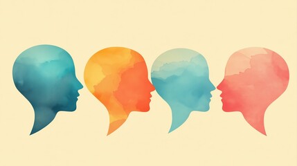 Poster - Soft Watercolor Strokes Capturing Diverse Human Faces in Harmonious Profile View