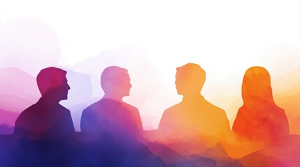 Poster - Soft Artistic Representation of Virtual Meeting with Silhouettes Against a Colorful Gradient Background