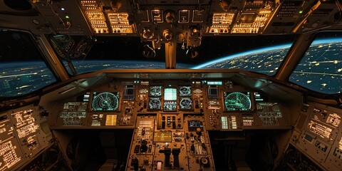 Poster - A cutting-edge space mission dashboard with glowing digital gauges, orbital projections, and advanced controls.