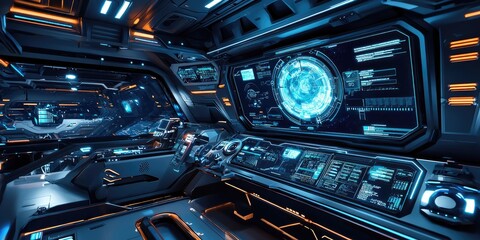 Poster - A futuristic spacecraft dashboard featuring interactive holograms, live data streams, and celestial navigation tools.