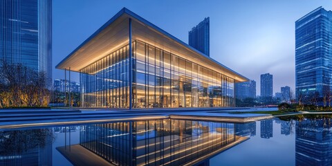 Leinwandbilder - Cutting-edge architecture in a futuristic city, showcasing robotic construction, advanced AI, and a sleek, modern design.